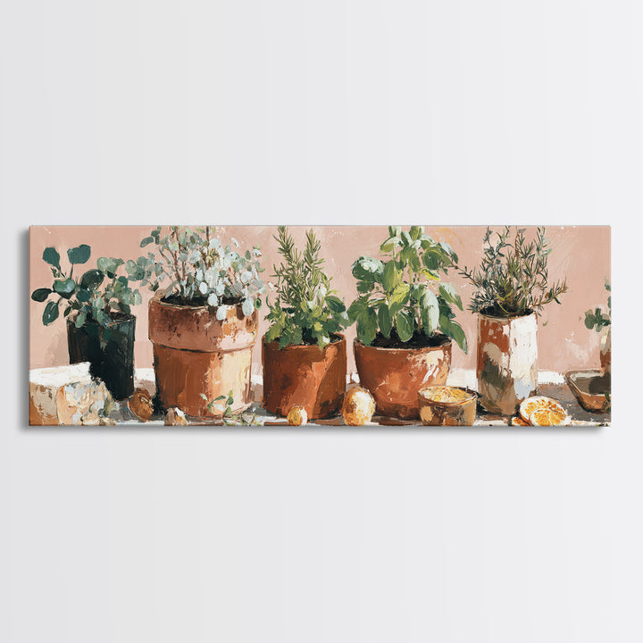 Fresh Herbs in Terracotta Pots Framed Canvas Print, Kitchen Art, Kitchen Wall Decor, Kitchen Decor, Fine Art, Kitchen, KIT-3x1-17