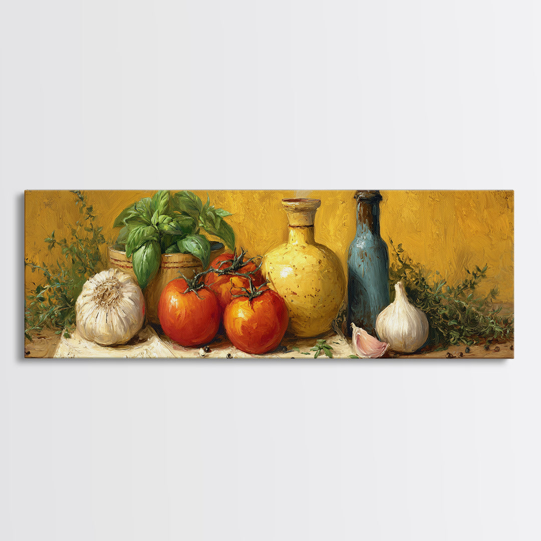 Tomatoes Garlic and Basil on Linen Canvas Print, Kitchen Art, Statement Artwork, Kitchen Decor, Abstract Art, Kitchen, KIT-3x1-19