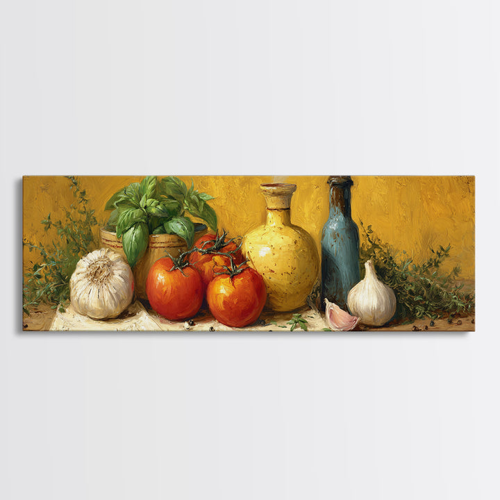 Tomatoes Garlic and Basil on Linen Canvas Print, Kitchen Art, Statement Artwork, Kitchen Decor, Abstract Art, Kitchen, KIT-3x1-19