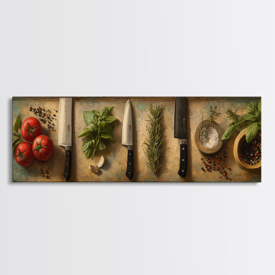 Chef Knives and Herbs Arranged as Graphic Framed Canvas Print, Kitchen Art, Prints, Kitchen Decor, Fine Art, Kitchen, KIT-3x1-2