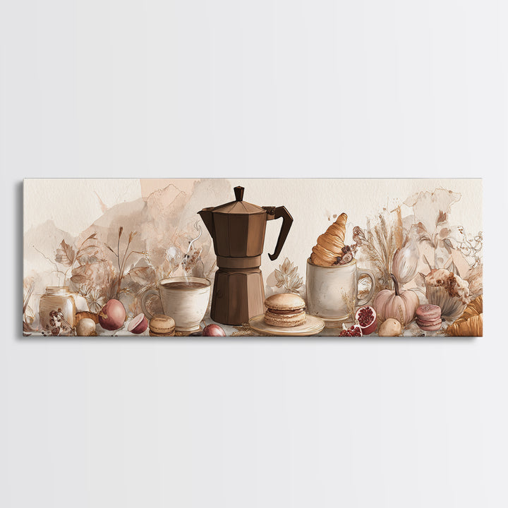 Coffee Pot and Croissant Morning Still Life Framed Canvas Print, Kitchen Art, Boho Decor, Kitchen Decor, Fine Art, Kitchen, KIT-3x1-23