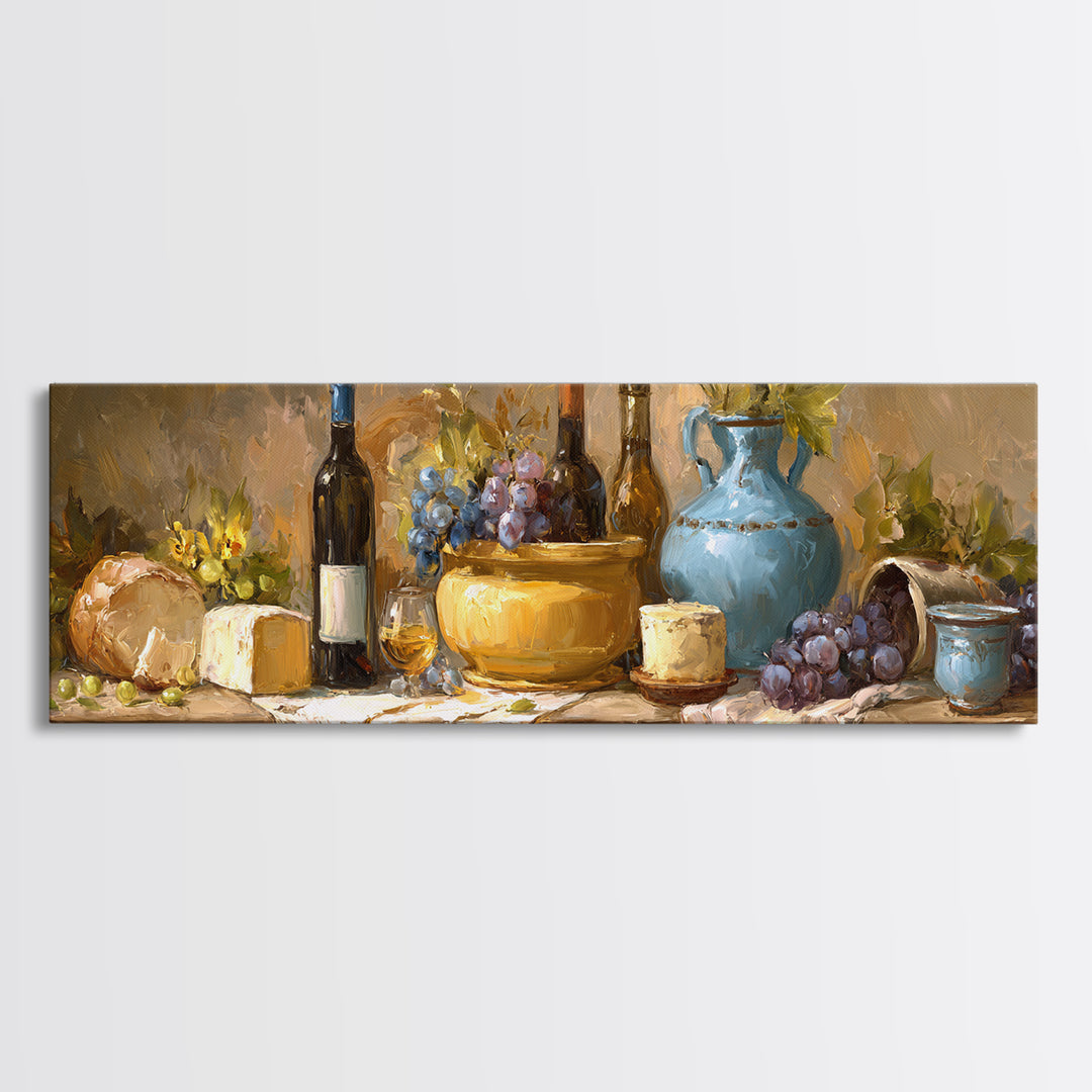Wine Bottle Grapes and Cheese Still Life Framed Canvas Print, Kitchen Art, Coffee Print, Kitchen Decor, Oil Painting, Kitchen, KIT-3x1-28
