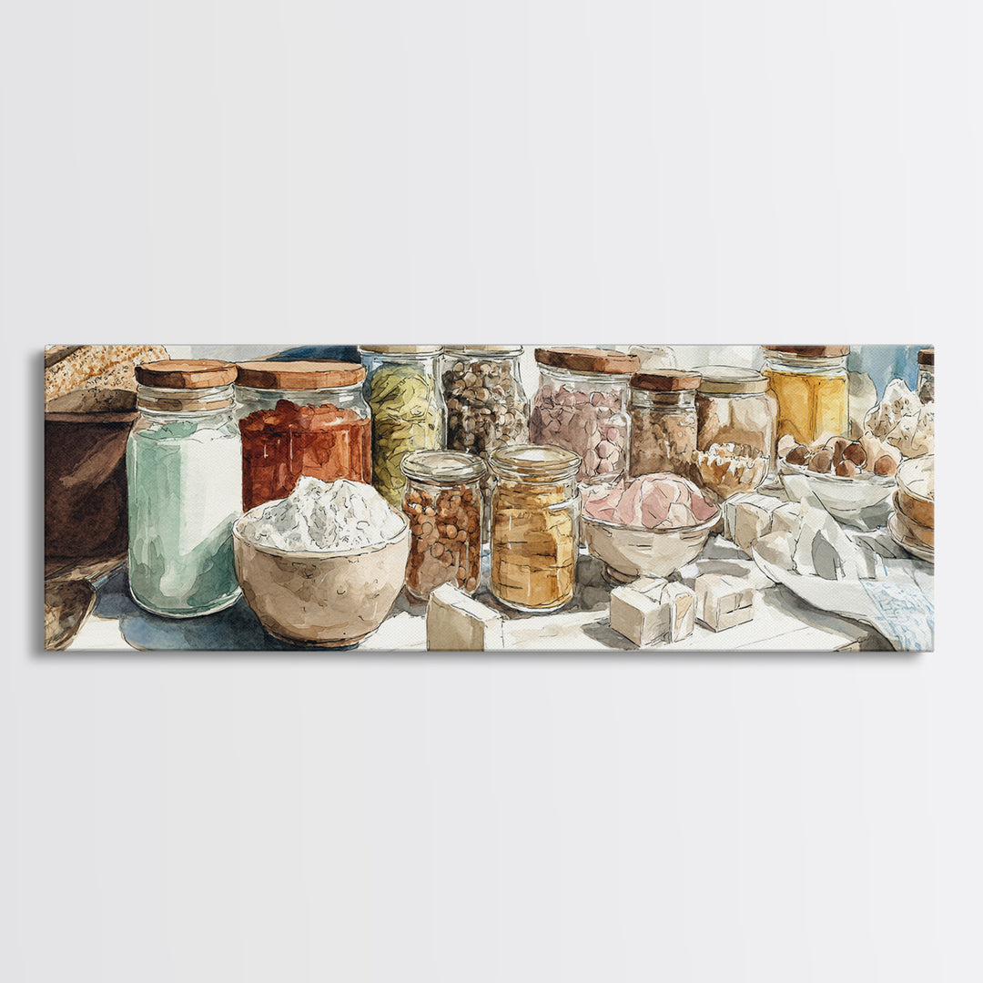 Watercolor Spice Jars Without Readable Labels Canvas Print, Kitchen Art, Printable Art, Kitchen Decor, Oil Painting, Kitchen, KIT-3x1-29