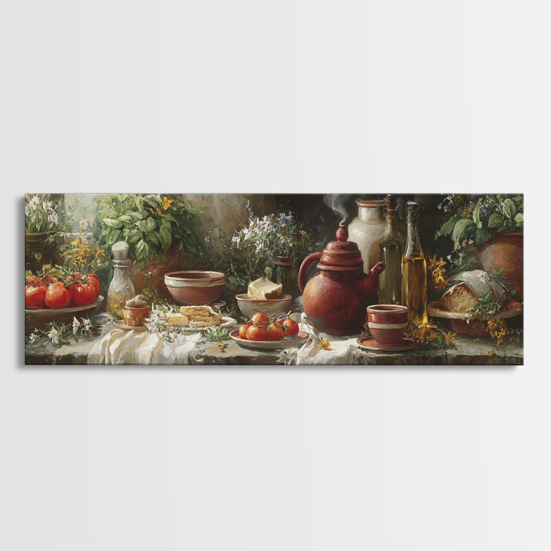 Tea Kettle with Steam and Wildflowers Canvas Print, Kitchen Art, Wall Art, Kitchen Decor, Watercolor Art, Kitchen, KIT-3x1-30