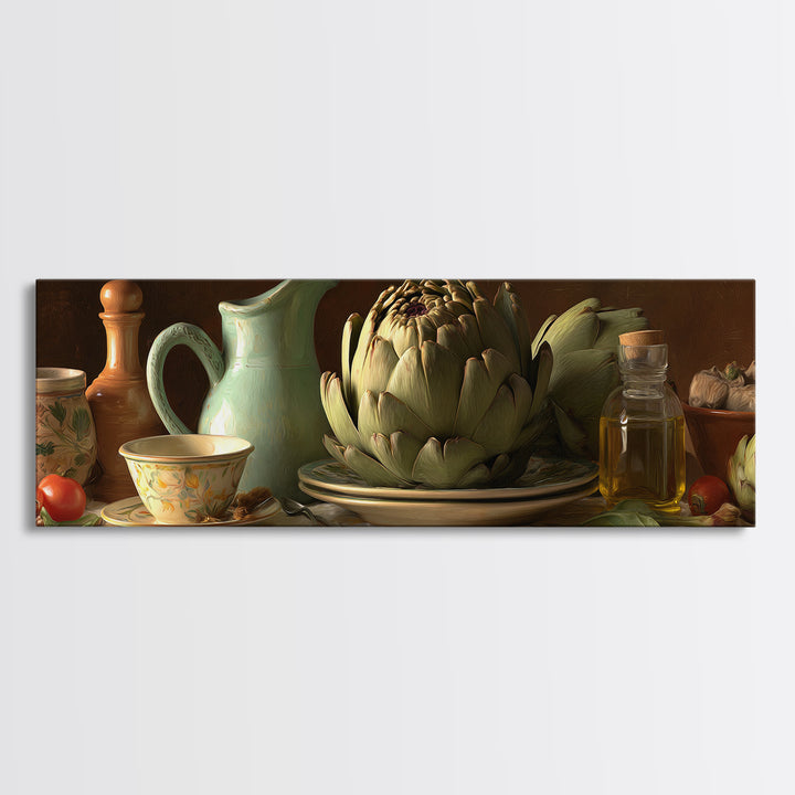 Artichoke Closeup in Painterly Green Tones Canvas Print, Kitchen Art, Bar Cart Decor, Kitchen Decor, Fine Art, Kitchen, KIT-3x1-36