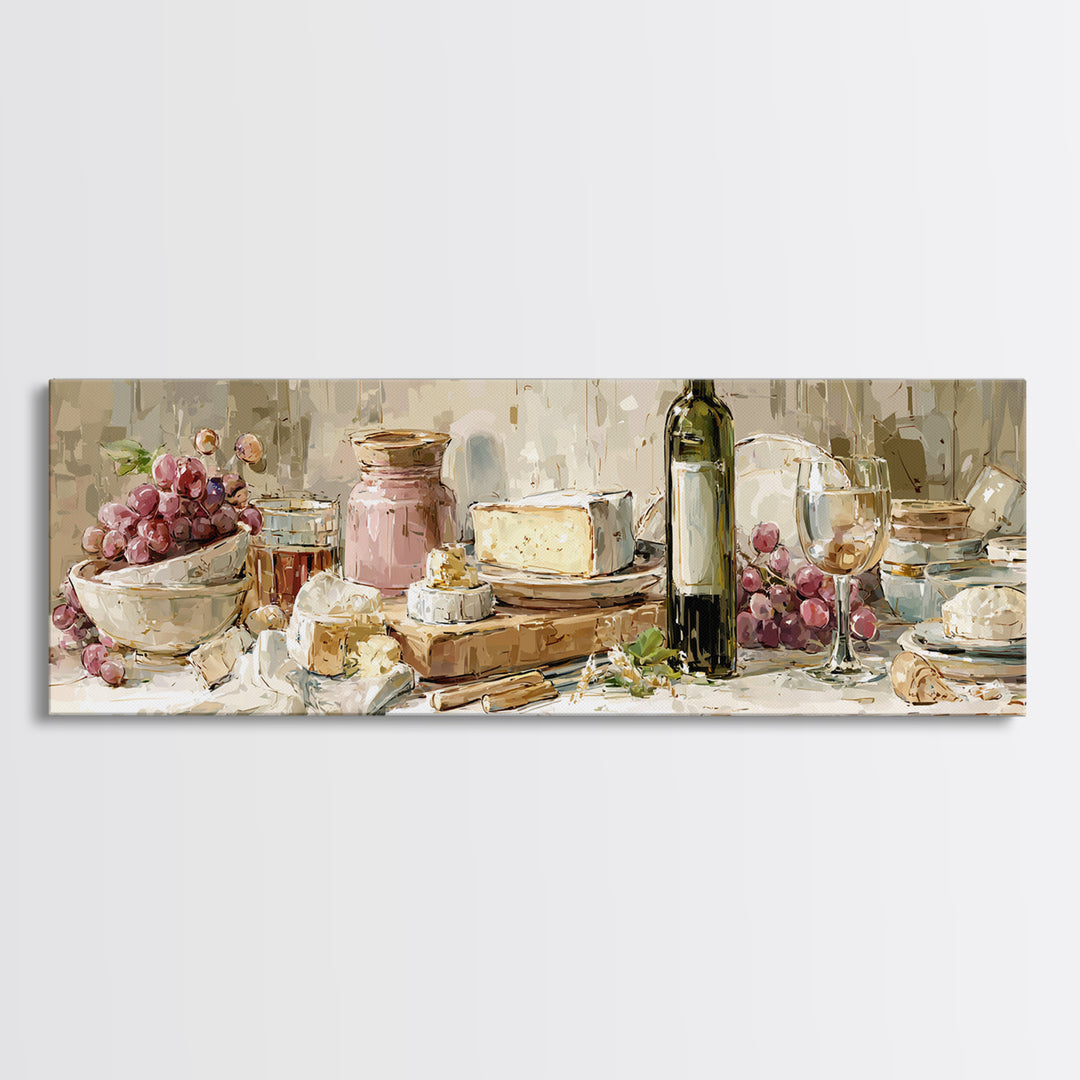 Wine Bottle Grapes and Cheese Still Life Canvas Print, Kitchen Art, Kitchen Prints, Kitchen Decor, Watercolor Art, Kitchen, KIT-3x1-4