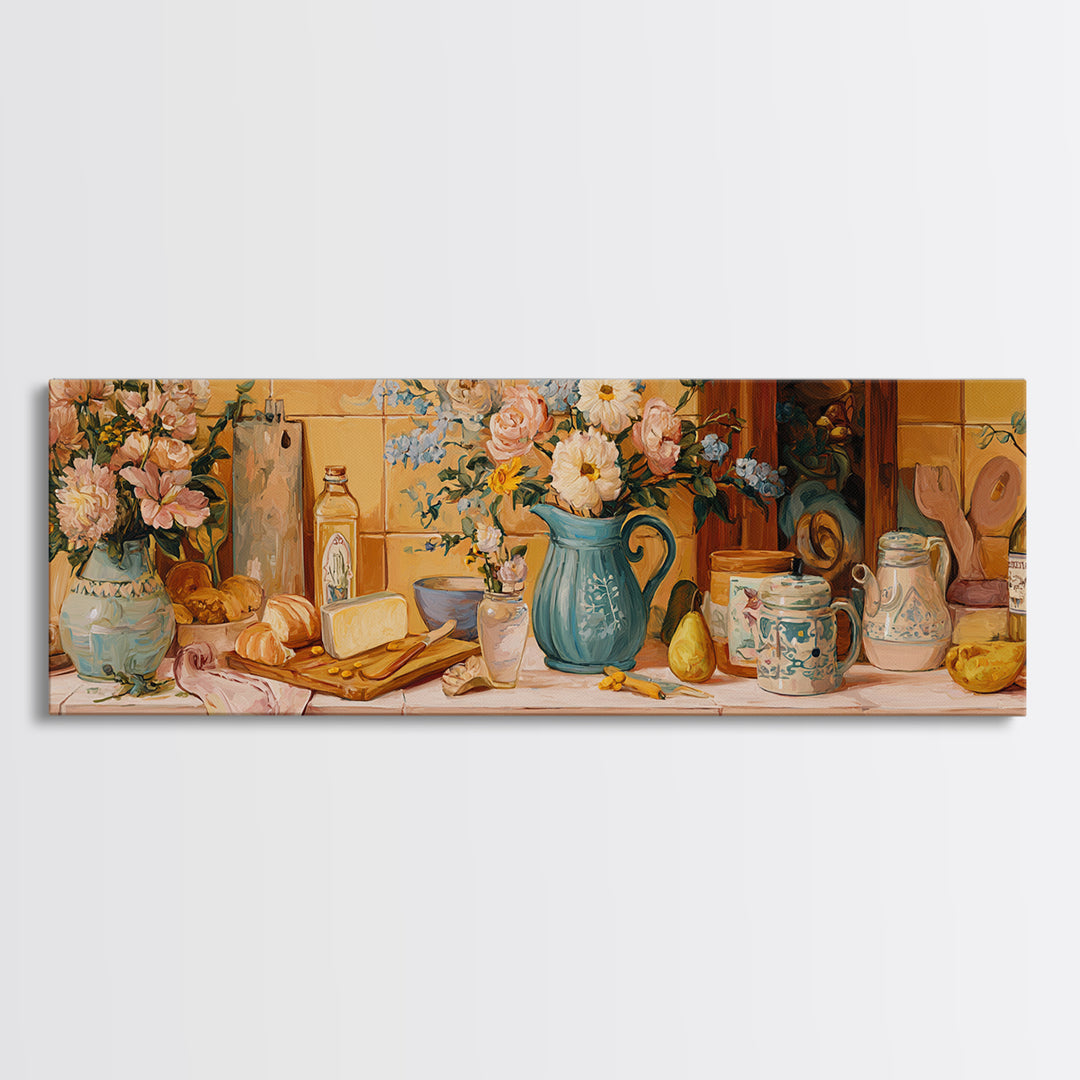 Floral Bouquet in a Kitchen Pitcher Canvas Print, Kitchen Art, Gallery Decor, Kitchen Decor, Oil Painting, Kitchen, KIT-3x1-40