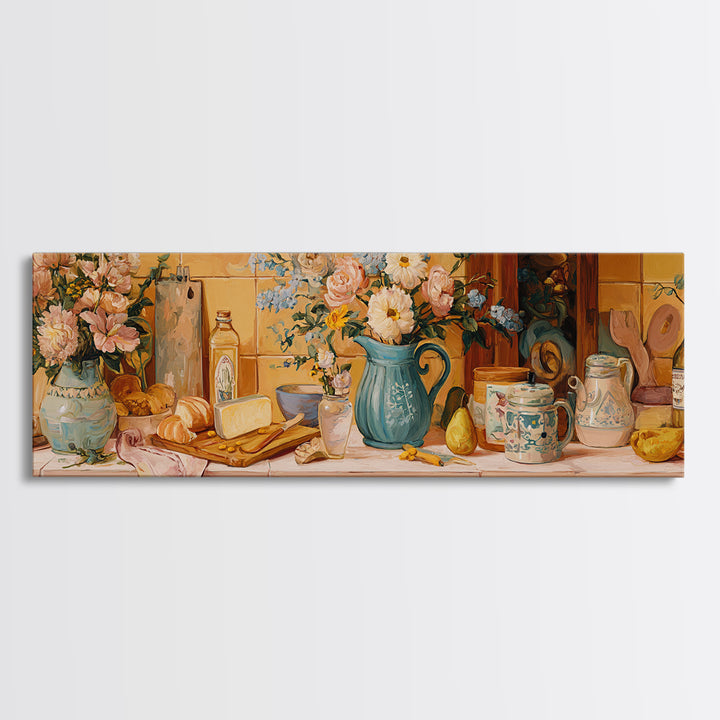 Floral Bouquet in a Kitchen Pitcher Canvas Print, Kitchen Art, Gallery Decor, Kitchen Decor, Oil Painting, Kitchen, KIT-3x1-40