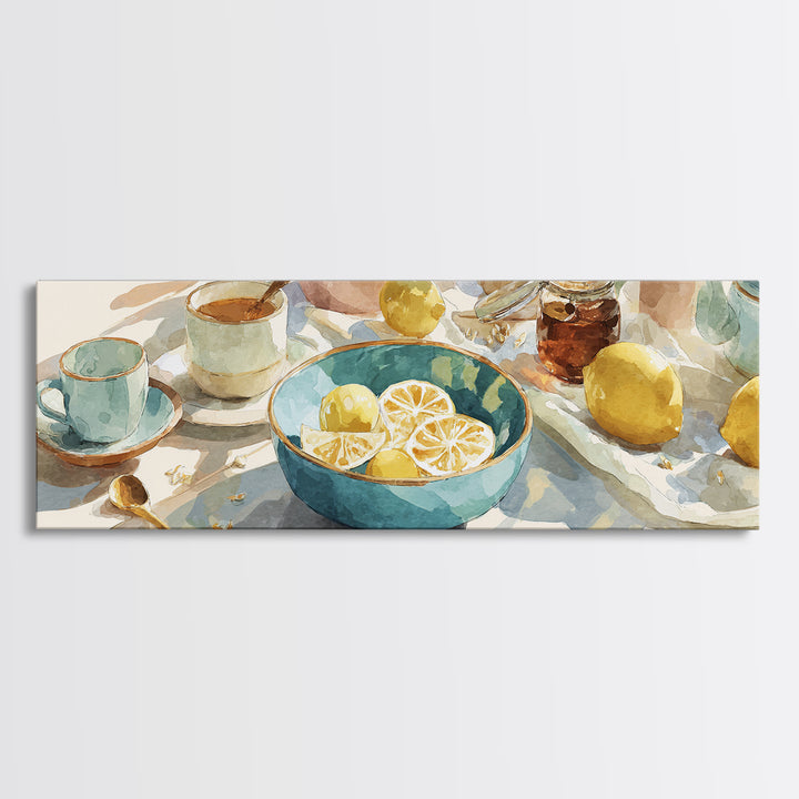 Lemons and Blue Ceramic Bowl Still Life Canvas Print, Kitchen Art, Printable Art, Kitchen Decor, Kitchen, Coffee Wall Art, KIT-3x1-42