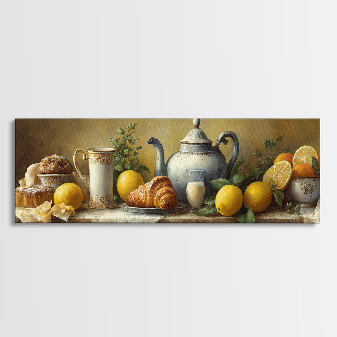 Coffee Pot and Croissant Morning Still Life Framed Canvas Print, Kitchen Art, Kitchen, Kitchen Decor, Oil Painting, Kitchen, KIT-3x1-47