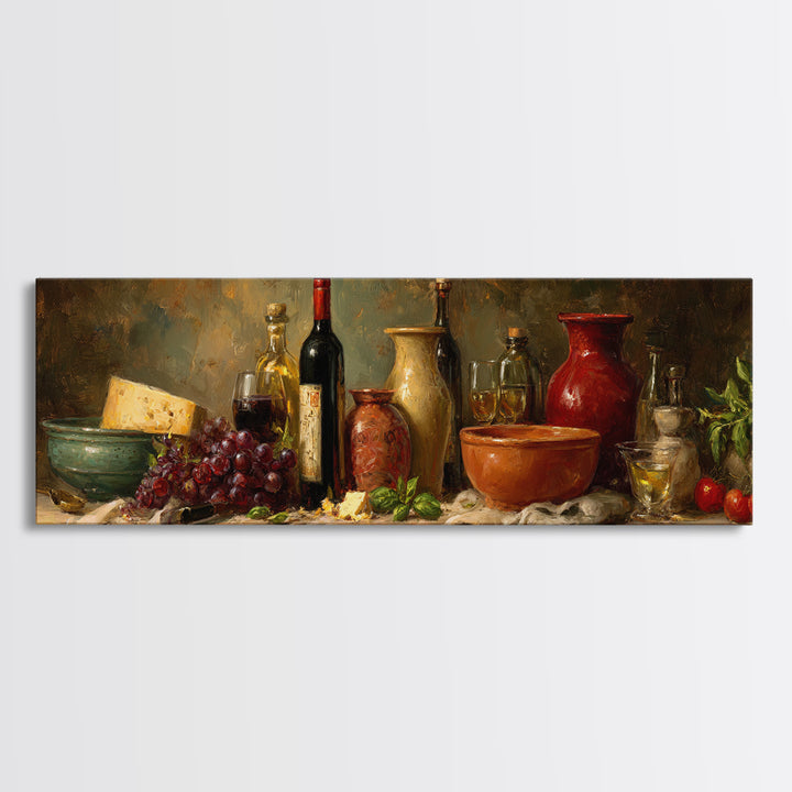 Wine Bottle Grapes and Cheese Still Life Framed Canvas Print, Kitchen Art, Room Decor, Kitchen Decor, Abstract Art, Kitchen, KIT-3x1-52