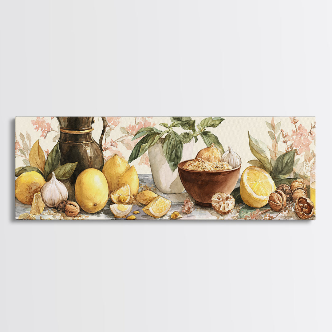 Pasta Lemons and Basil Mediterranean Still Life Framed Canvas Print, Kitchen Art, Coffee Art, Kitchen Decor, Fine Art, Kitchen, KIT-3x1-57