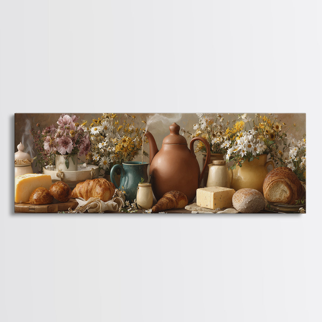 Tea Kettle with Steam and Wildflowers Canvas Print, Kitchen Art, Coffee Art, Kitchen Decor, Fine Art, Kitchen, Fine Art Print, KIT-3x1-6