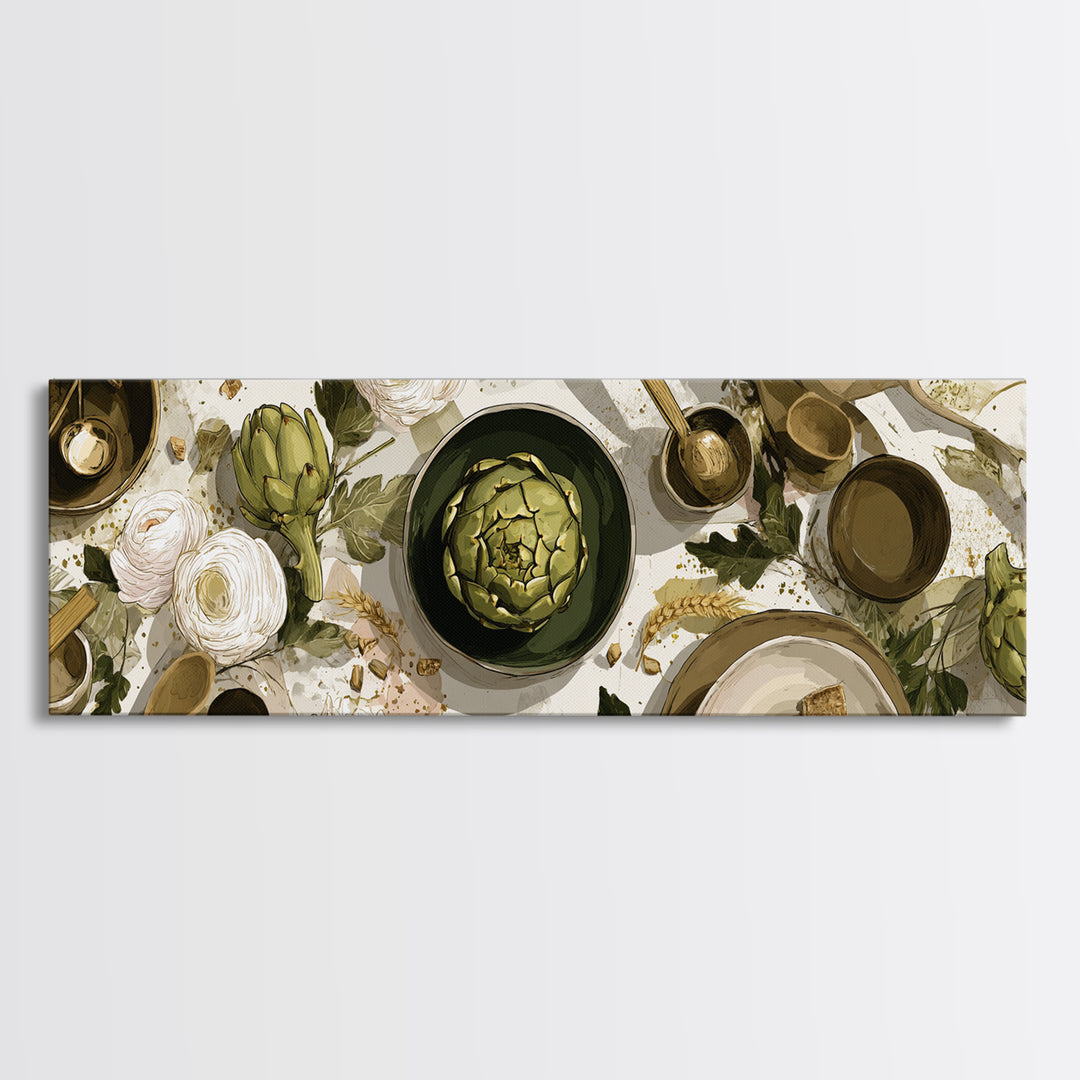 Artichoke Closeup in Painterly Green Tones Framed Canvas Print, Kitchen Art, Boho Decor, Kitchen Decor, Fine Art, Kitchen, KIT-3x1-60