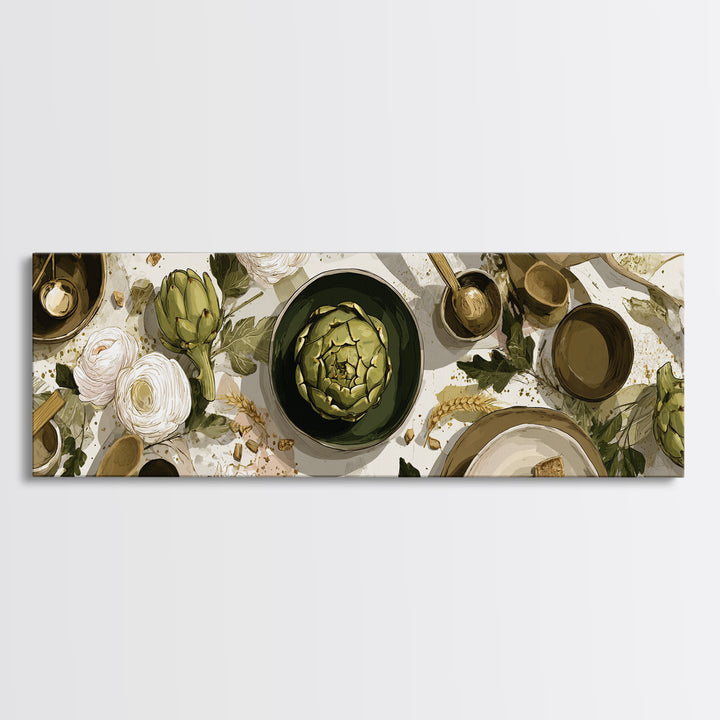 Artichoke Closeup in Painterly Green Tones Framed Canvas Print, Kitchen Art, Boho Decor, Kitchen Decor, Fine Art, Kitchen, KIT-3x1-60