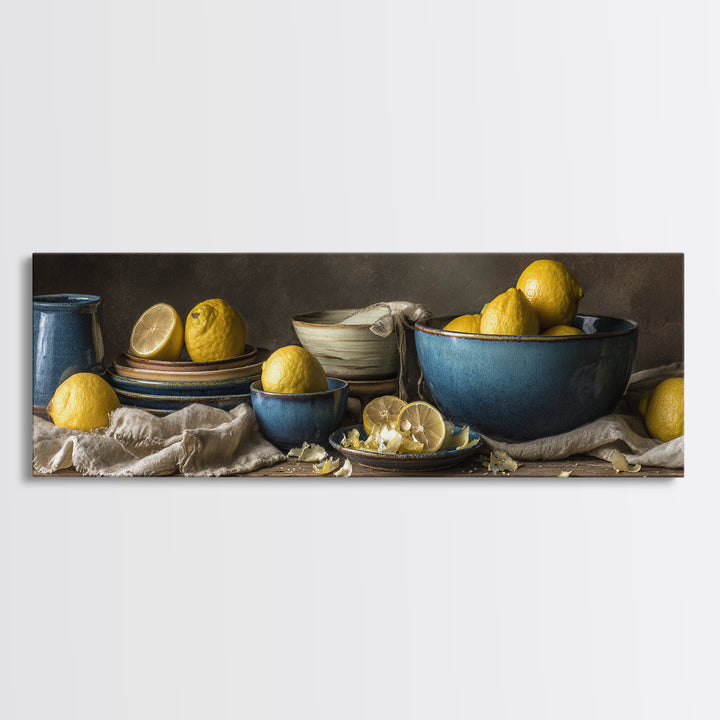 Lemons and Blue Ceramic Bowl Still Life Canvas Print, Kitchen Art, Printable Art, Kitchen Decor, Kitchen, Coffee Wall Art, KIT-3x1-66