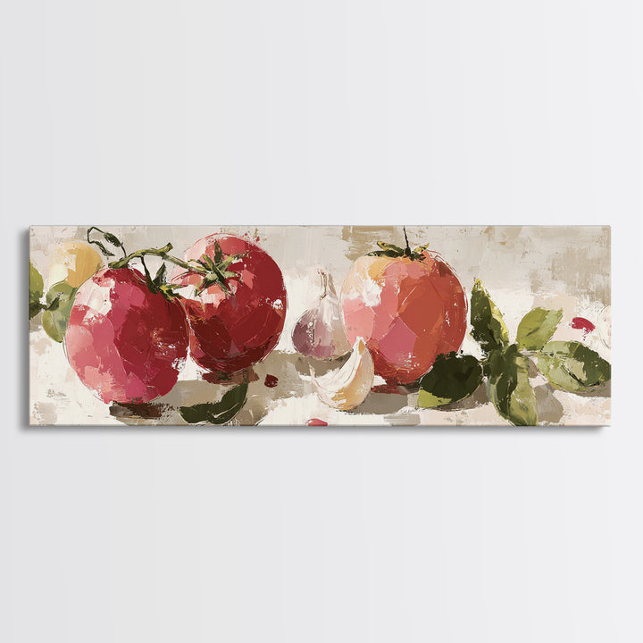 Tomatoes Garlic and Basil on Linen Framed Canvas Print, Kitchen Art, Digital Art, Kitchen Decor, Kitchen, Minimalist Wall Art, KIT-3x1-67