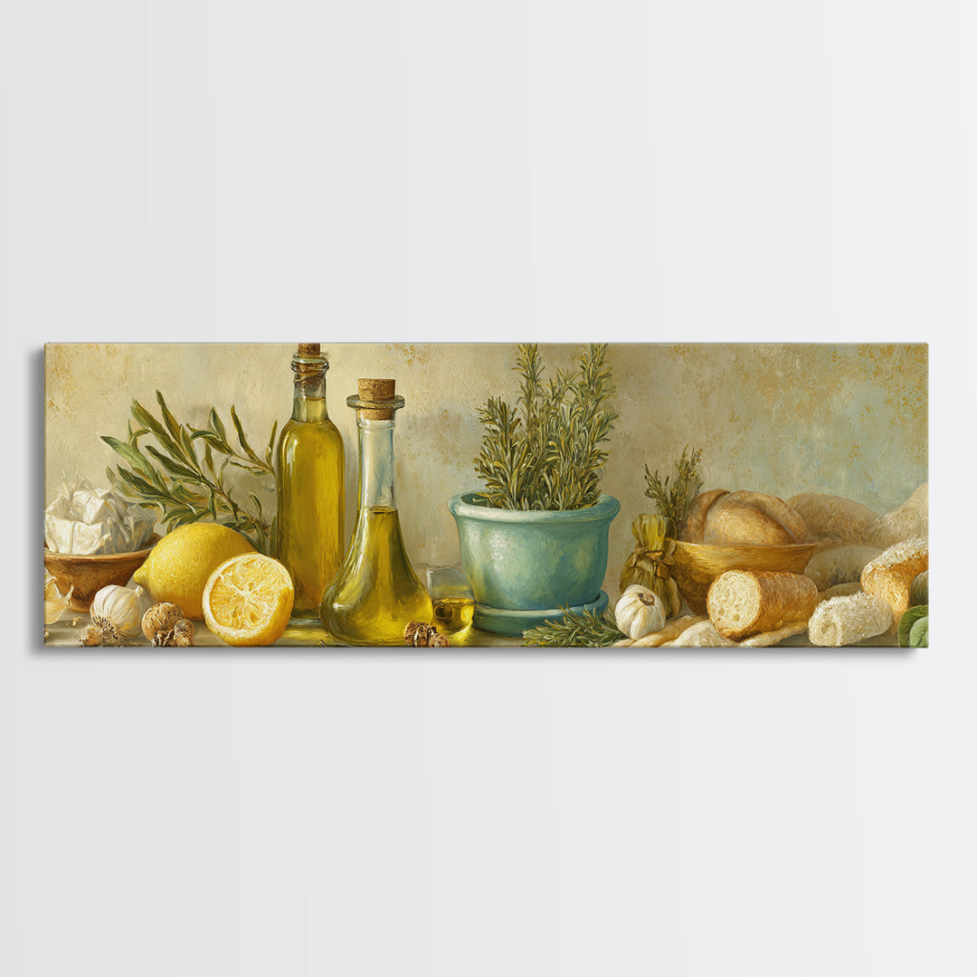 Olive Oil Bottle and Rosemary Branch Framed Canvas Print, Kitchen Art, Trendy Wall Art, Kitchen Decor, Fine Art, Kitchen, KIT-3x1-69