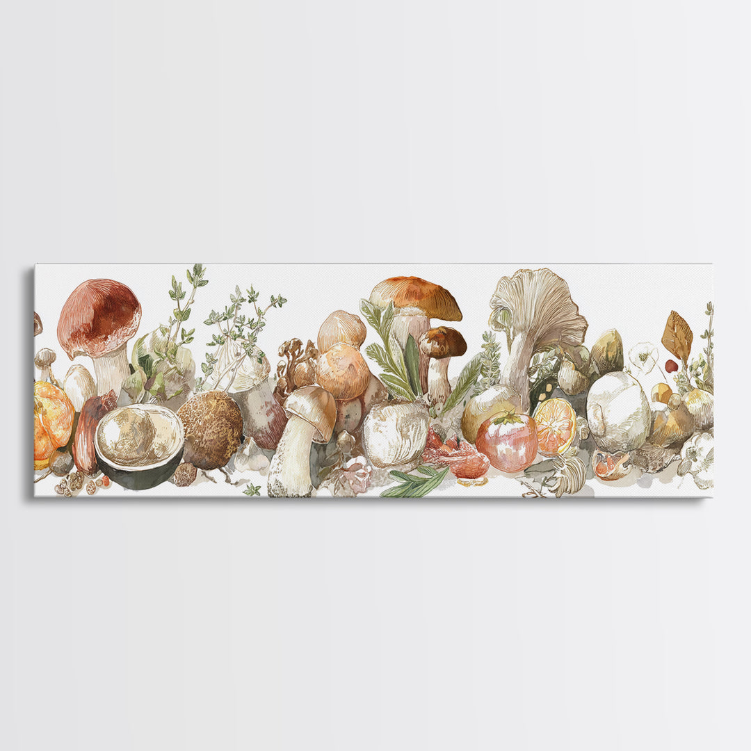 Mushrooms and Thyme Botanical Study Framed Canvas Print, Kitchen Art, Neutral Decor, Kitchen Decor, Fine Art, Kitchen, KIT-3x1-7