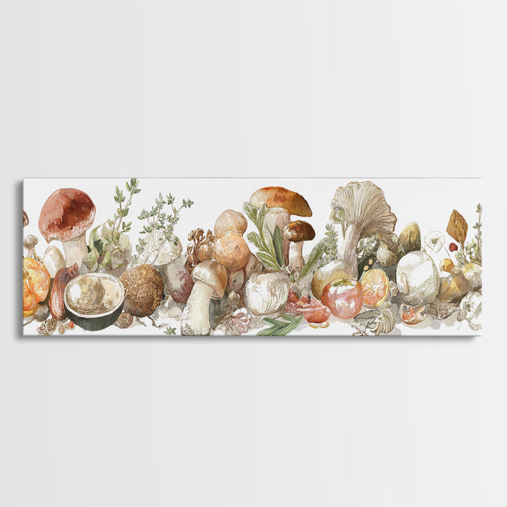 Mushrooms and Thyme Botanical Study Framed Canvas Print, Kitchen Art, Neutral Decor, Kitchen Decor, Fine Art, Kitchen, KIT-3x1-7