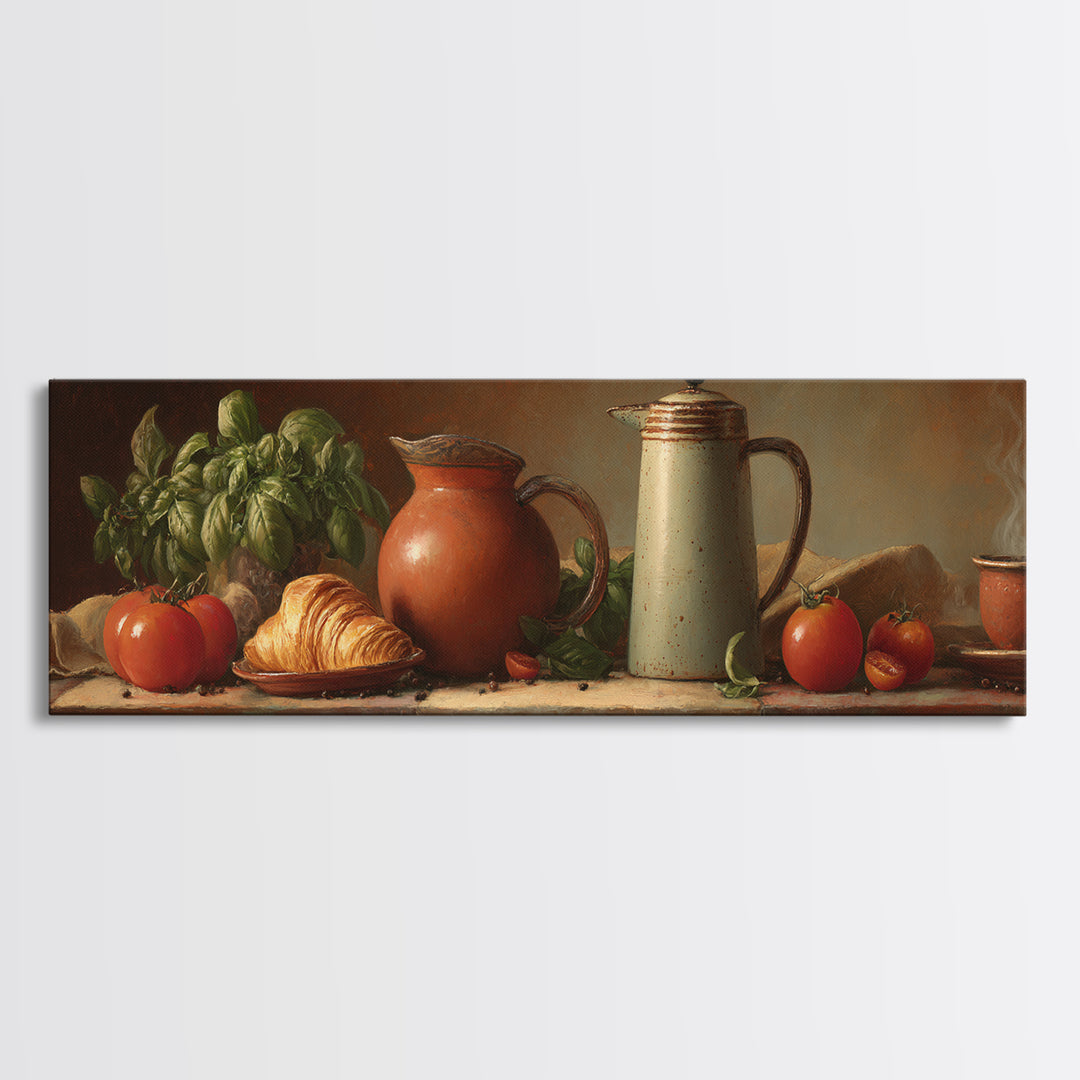 Coffee Pot and Croissant Morning Still Life Canvas Print, Kitchen Art, Printable Wall Art, Kitchen Decor, Fine Art, Kitchen, KIT-3x1-71