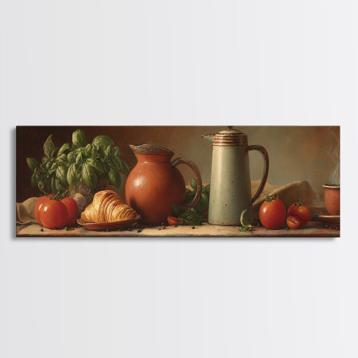 Coffee Pot and Croissant Morning Still Life Canvas Print, Kitchen Art, Printable Wall Art, Kitchen Decor, Fine Art, Kitchen, KIT-3x1-71