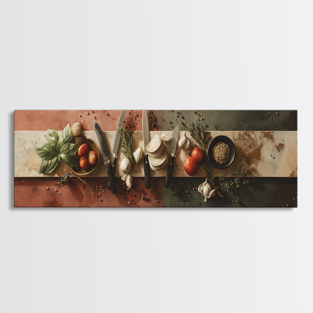 Chef Knives and Herbs Arranged as Graphic Framed Canvas Print, Kitchen Art, Kitchen Decor, Oil Painting, Kitchen, KIT-3x1-74