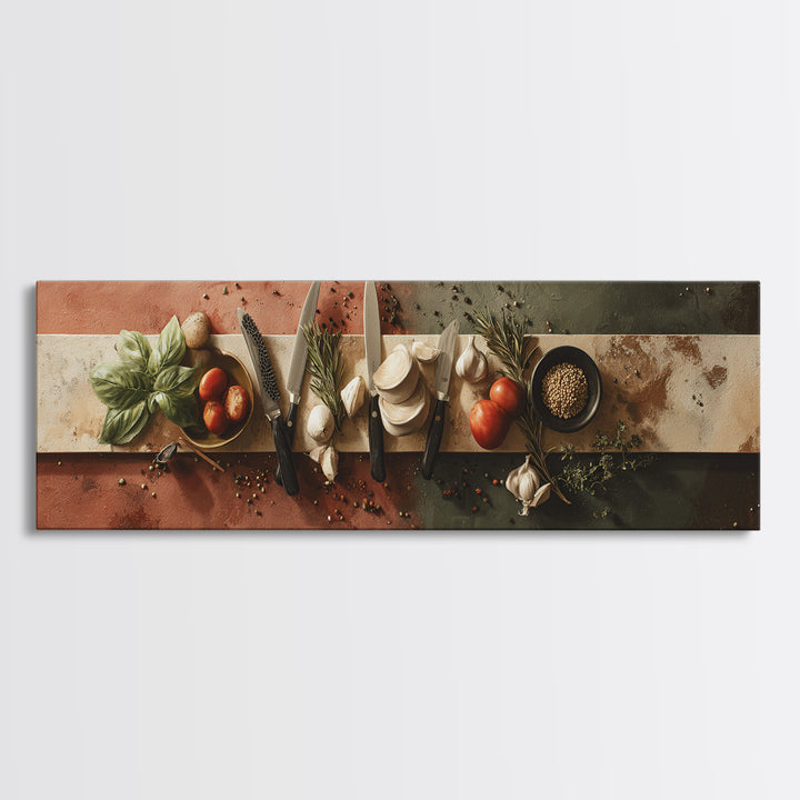 Chef Knives and Herbs Arranged as Graphic Framed Canvas Print, Kitchen Art, Kitchen Decor, Oil Painting, Kitchen, KIT-3x1-74