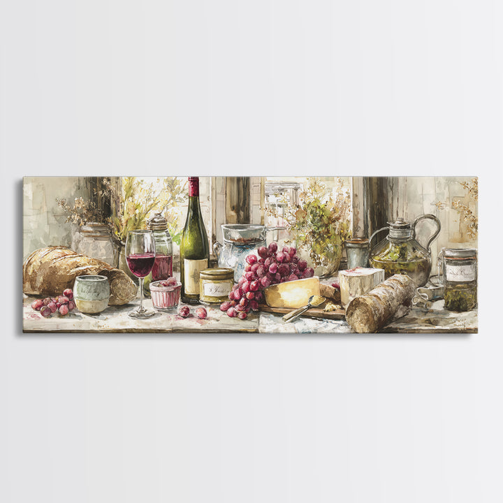 Wine Bottle Grapes and Cheese Still Life Canvas Print, Kitchen Art, Home Decor, Kitchen Decor, Fine Art, Kitchen, Digital Print, KIT-3x1-76