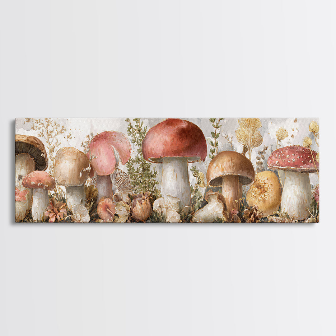 Mushrooms and Thyme Botanical Study Framed Canvas Print, Kitchen Art, Art Deco, Kitchen Decor, Watercolor Art, Kitchen, KIT-3x1-79