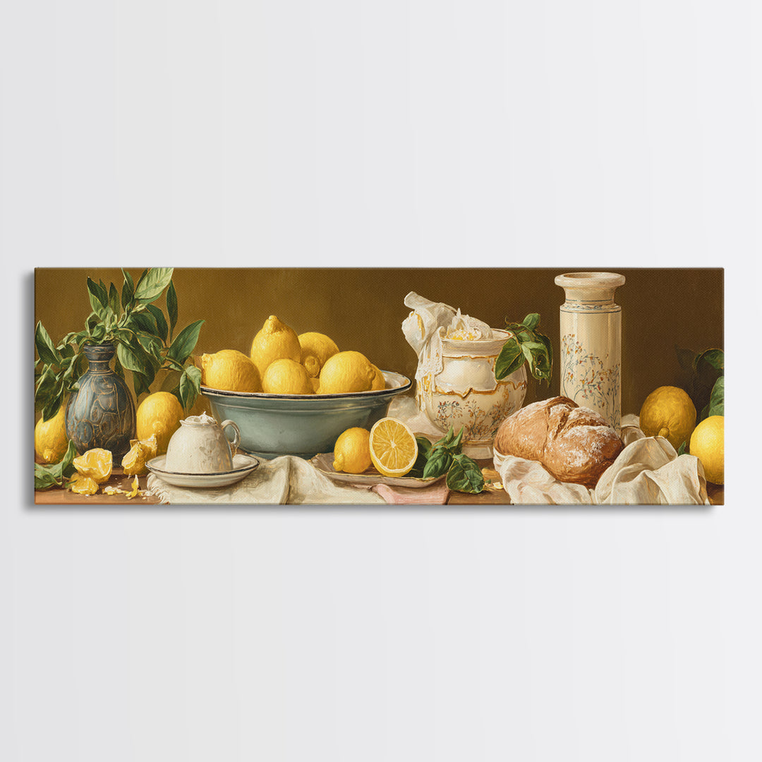 Pasta Lemons and Basil Mediterranean Still Life Framed Canvas Print, Kitchen Art, Coffee Art, Kitchen Decor, Fine Art, Kitchen, KIT-3x1-81