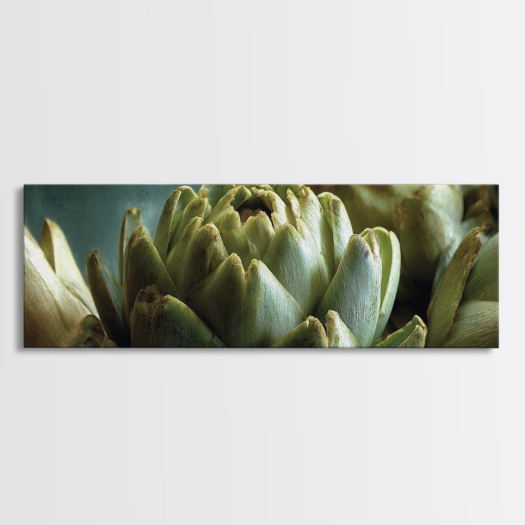 Artichoke Closeup in Painterly Green Tones Framed Canvas Print, Kitchen Art, Kitchen, Kitchen Decor, Fine Art, Kitchen, KIT-3x1-84