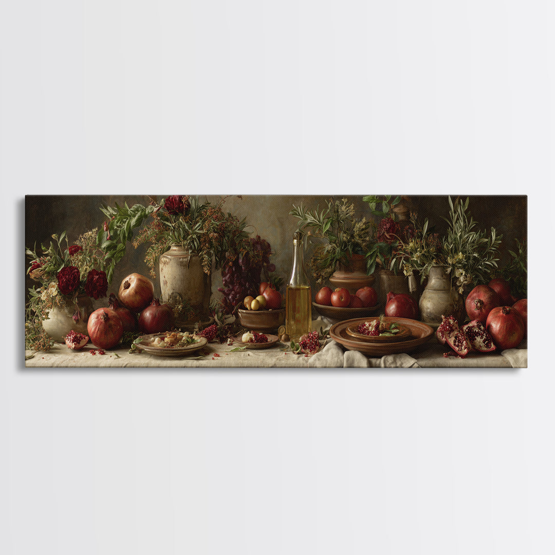 Figs Pomegranates and Linen Composition Canvas Print, Kitchen Art, Digital Wall Art, Kitchen Decor, Abstract Art, Kitchen, KIT-3x1-86