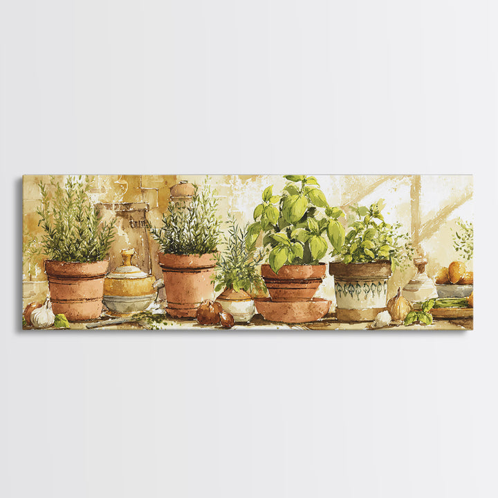 Fresh Herbs in Terracotta Pots Framed Canvas Print, Kitchen Art, Kitchen Art Print, Kitchen Decor, Oil Painting, Kitchen, KIT-3x1-89