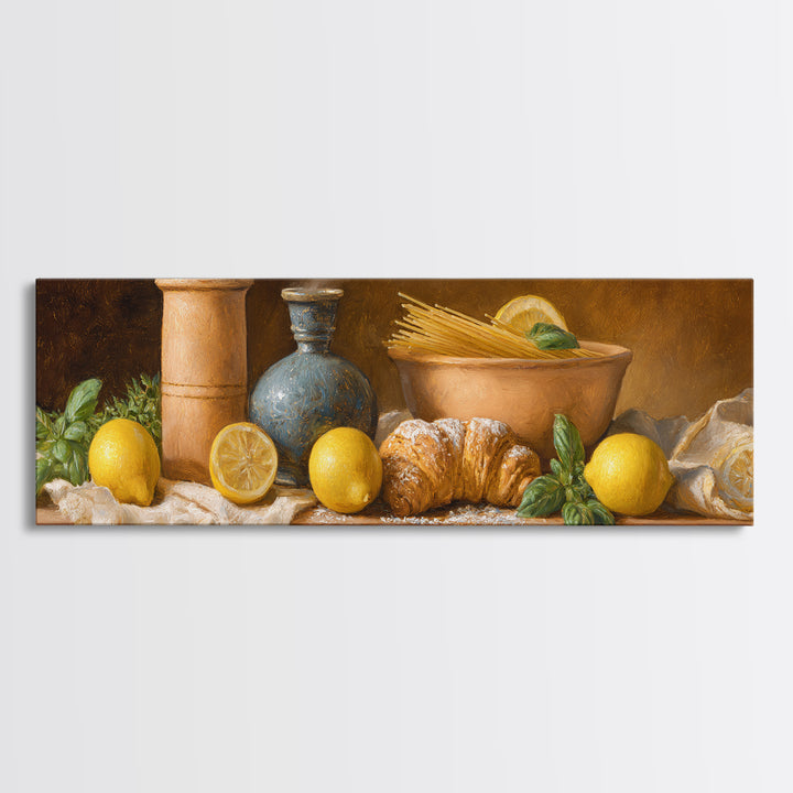 Pasta Lemons and Basil Mediterranean Still Life Framed Canvas Print, Kitchen Art, Digital Wall Art, Kitchen Decor, Kitchen, KIT-3x1-9