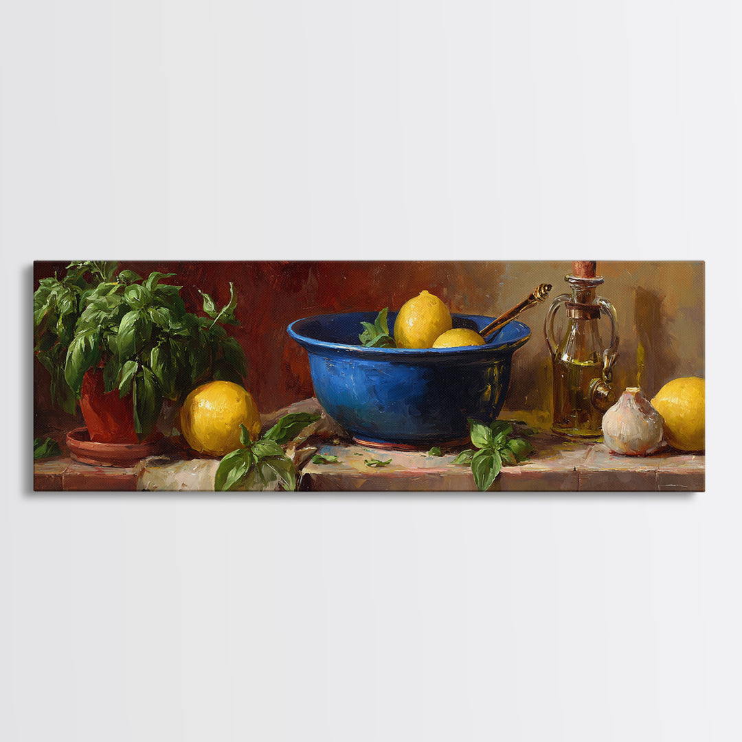Lemons and Blue Ceramic Bowl Still Life Framed Canvas Print, Kitchen Art, Minimalist Wall Art, Kitchen Decor, Fine Art, Kitchen, KIT-3x1-90
