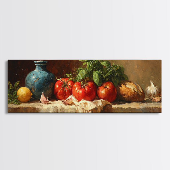 Tomatoes Garlic and Basil on Linen Canvas Print, Kitchen Art, Room Decor, Kitchen Decor, Abstract Art, Kitchen, Digital Art, KIT-3x1-91
