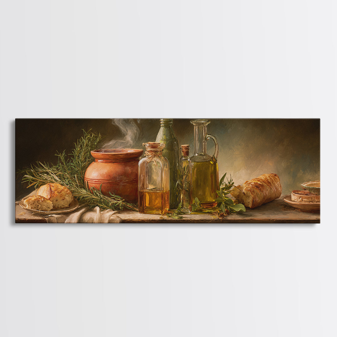 Olive Oil Bottle and Rosemary Branch Canvas Print, Kitchen Art, Bar Cart Decor, Kitchen Decor, Oil Painting, Kitchen, KIT-3x1-93