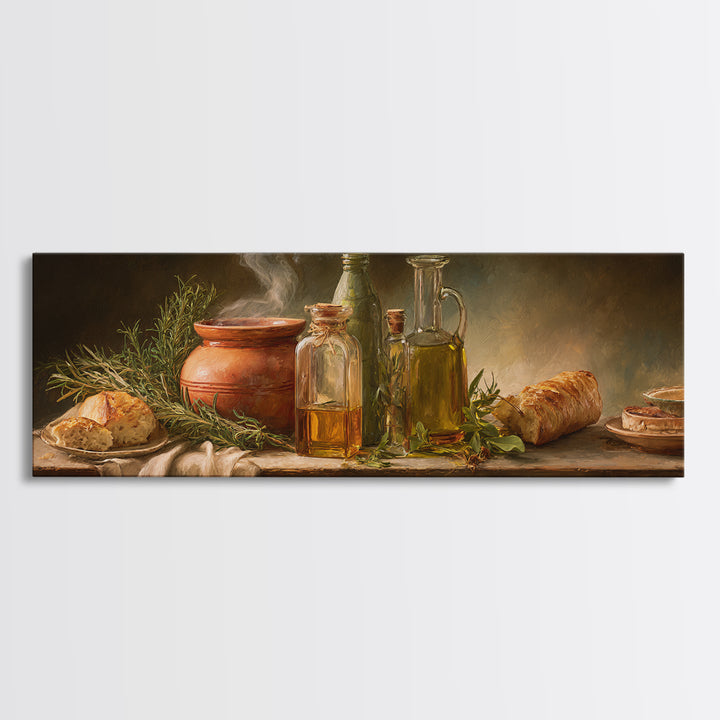 Olive Oil Bottle and Rosemary Branch Canvas Print, Kitchen Art, Bar Cart Decor, Kitchen Decor, Oil Painting, Kitchen, KIT-3x1-93