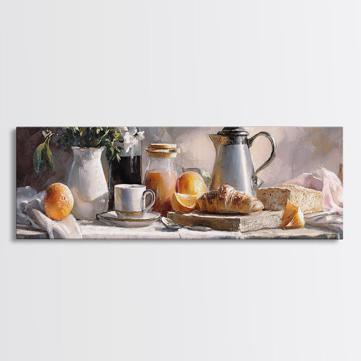 Coffee Pot and Croissant Morning Still Life Canvas Print, Kitchen Art, Textured Painting, Kitchen Decor, Oil Painting, Kitchen, KIT-3x1-95