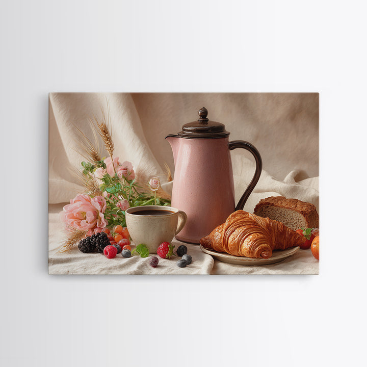 Coffee Pot and Croissant Morning Still Life Canvas Print, Kitchen Art, Coffee Art, Kitchen Decor, Kitchen, Fine Art Print, KIT-3x2-11