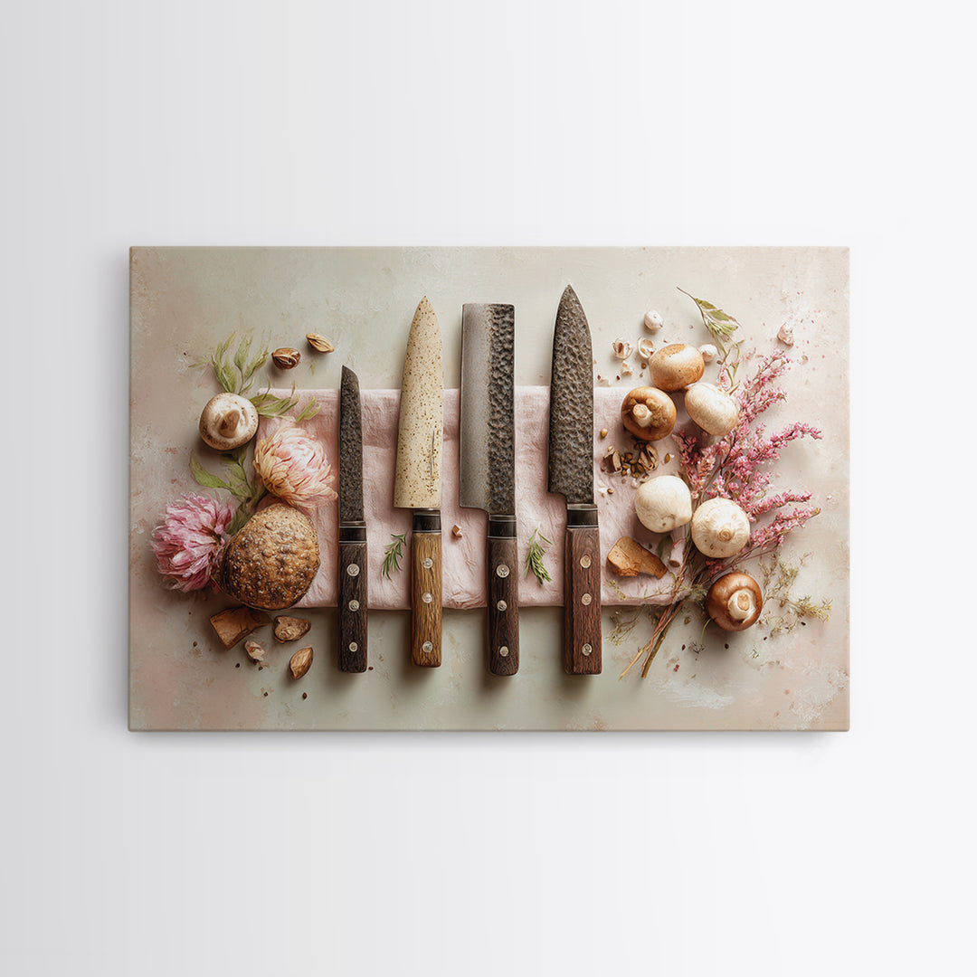 Chef Knives and Herbs Arranged as Graphic Framed Canvas Print, Kitchen Art, Art Prints, Kitchen Decor, Fine Art, Kitchen, KIT-3x2-14