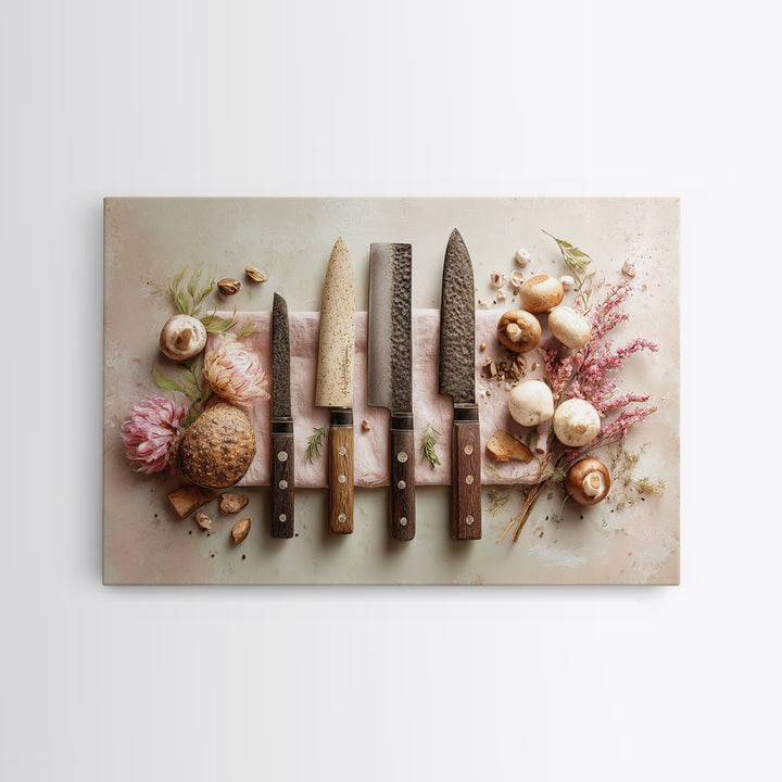 Chef Knives and Herbs Arranged as Graphic Framed Canvas Print, Kitchen Art, Art Prints, Kitchen Decor, Fine Art, Kitchen, KIT-3x2-14