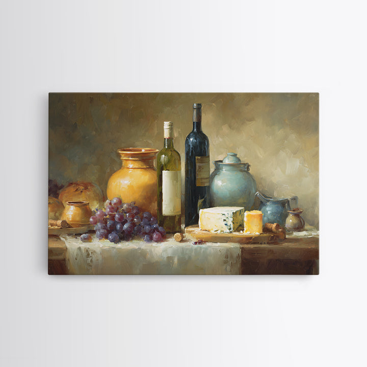 Wine Bottle Grapes and Cheese Still Life Canvas Print, Kitchen Art, Digital Print, Kitchen Decor, Watercolor Art, Kitchen, KIT-3x2-16