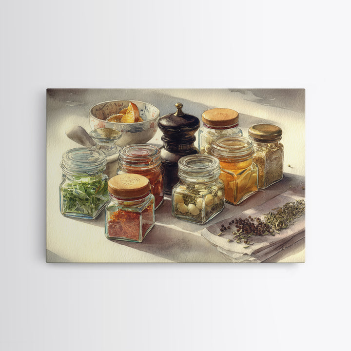 Watercolor Spice Jars Without Readable Labels Canvas Print, Kitchen Art, Kitchen Decor, Fine Art, Kitchen, Kitchen Art Print, KIT-3x2-17