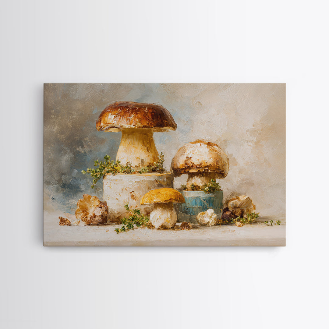 Mushrooms and Thyme Botanical Study Framed Canvas Print, Kitchen Art, Poster Art, Kitchen Decor, Fine Art, Kitchen, Boho Decor, KIT-3x2-19
