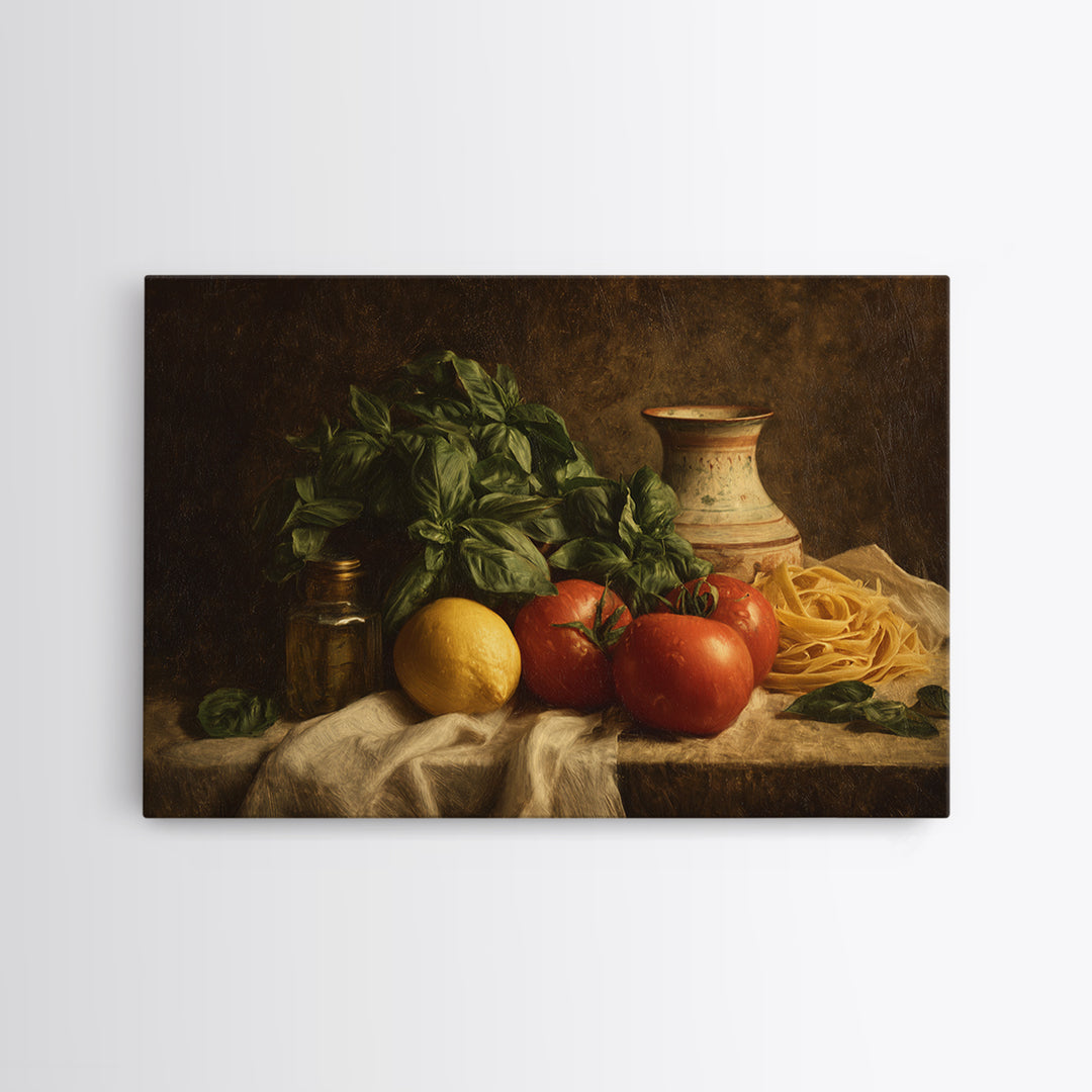 Pasta Lemons and Basil Mediterranean Still Life Canvas Print, Kitchen Art, Kitchen Wall Decor, Kitchen Decor, Fine Art, Kitchen, KIT-3x2-21