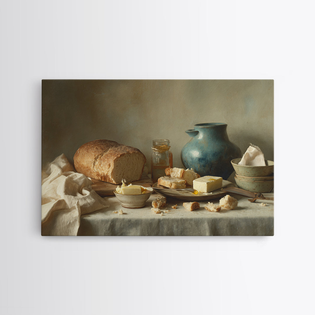 Fresh Bread with Butter and Honey Canvas Print, Kitchen Art, Printable Wall Art, Kitchen Decor, Oil Painting, Kitchen, KIT-3x2-22