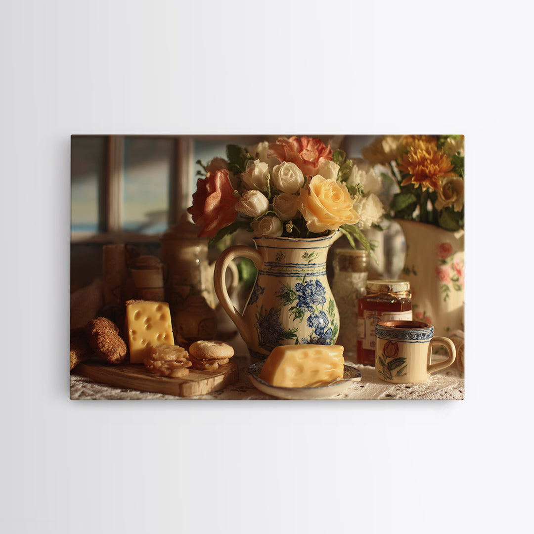 Floral Bouquet in a Kitchen Pitcher Framed Canvas Print, Kitchen Art, Art Deco, Kitchen Decor, Fine Art, Kitchen, Poster Art, KIT-3x2-28