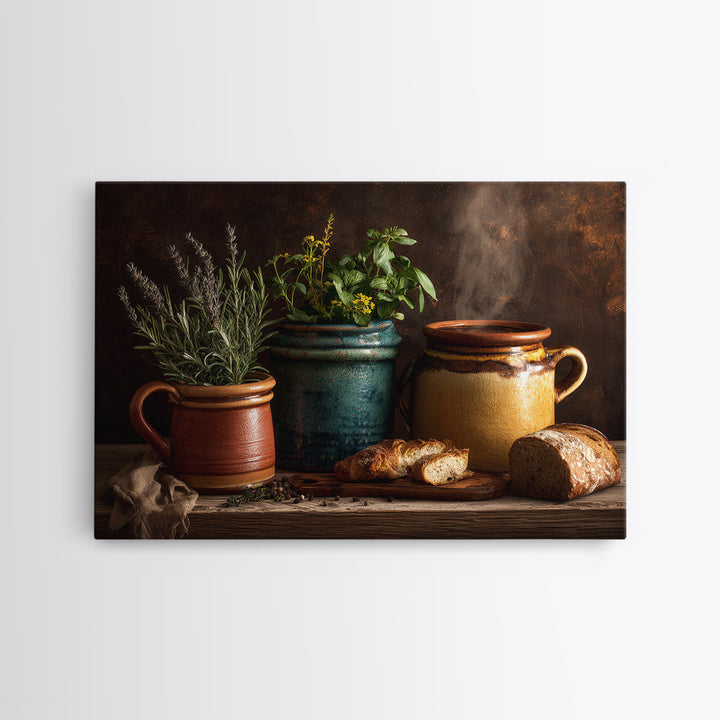 Fresh Herbs in Terracotta Pots Canvas Print, Kitchen Art, Dining Room Wall Art, Kitchen Decor, Fine Art, Kitchen, Luxury Decor, KIT-3x2-29